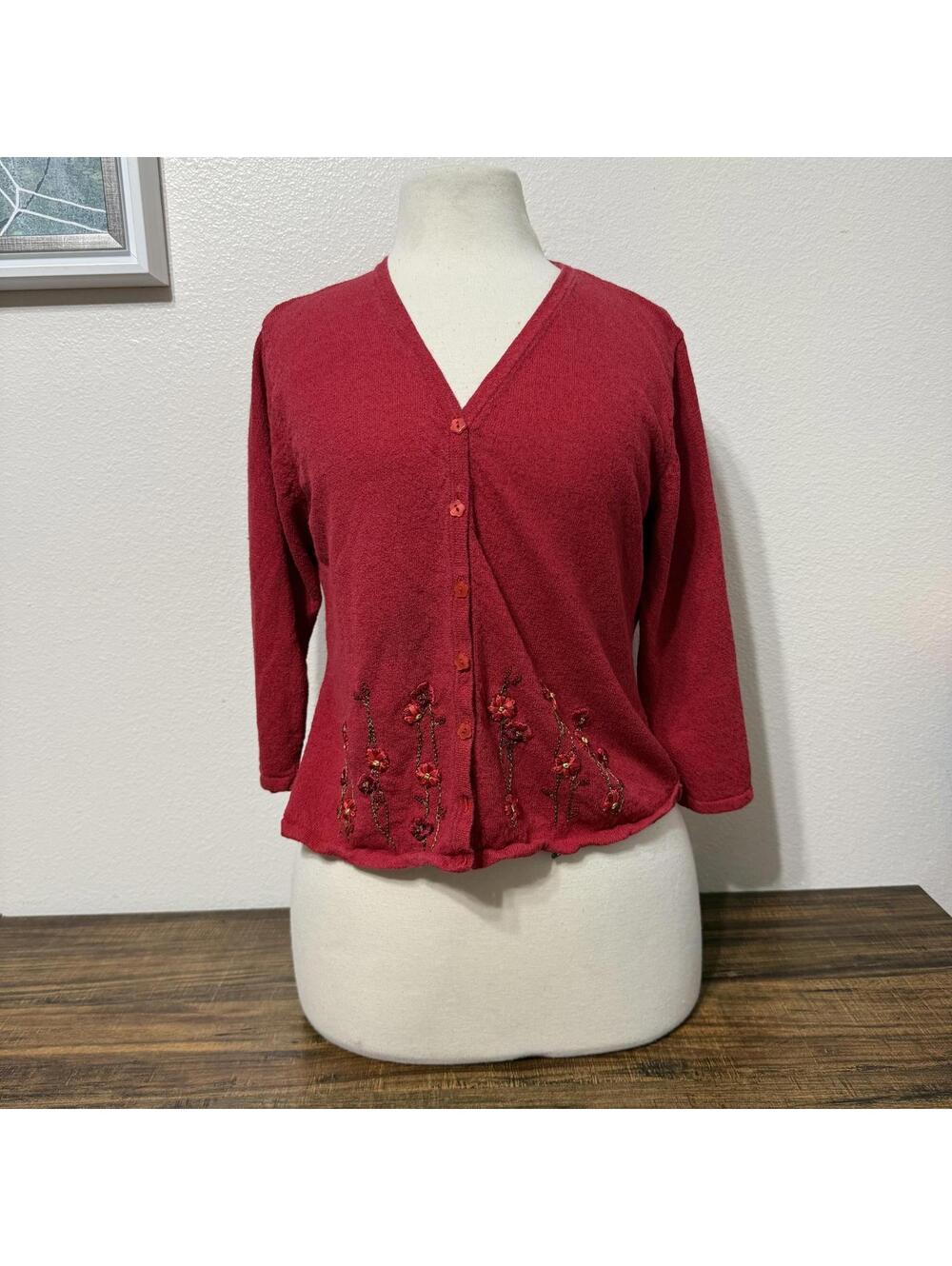R&K Originals Red Button-Up Cardigan with Floral Embroidery Size 10
